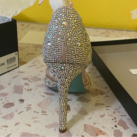 Betsey Johnson Iris Champagne Rhinestone Ankle Strap Stiletto Heels Pumps New - Picture 8 of 14